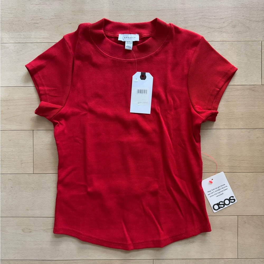 Topshop ASOS ribbed fitted curve hem tee in red